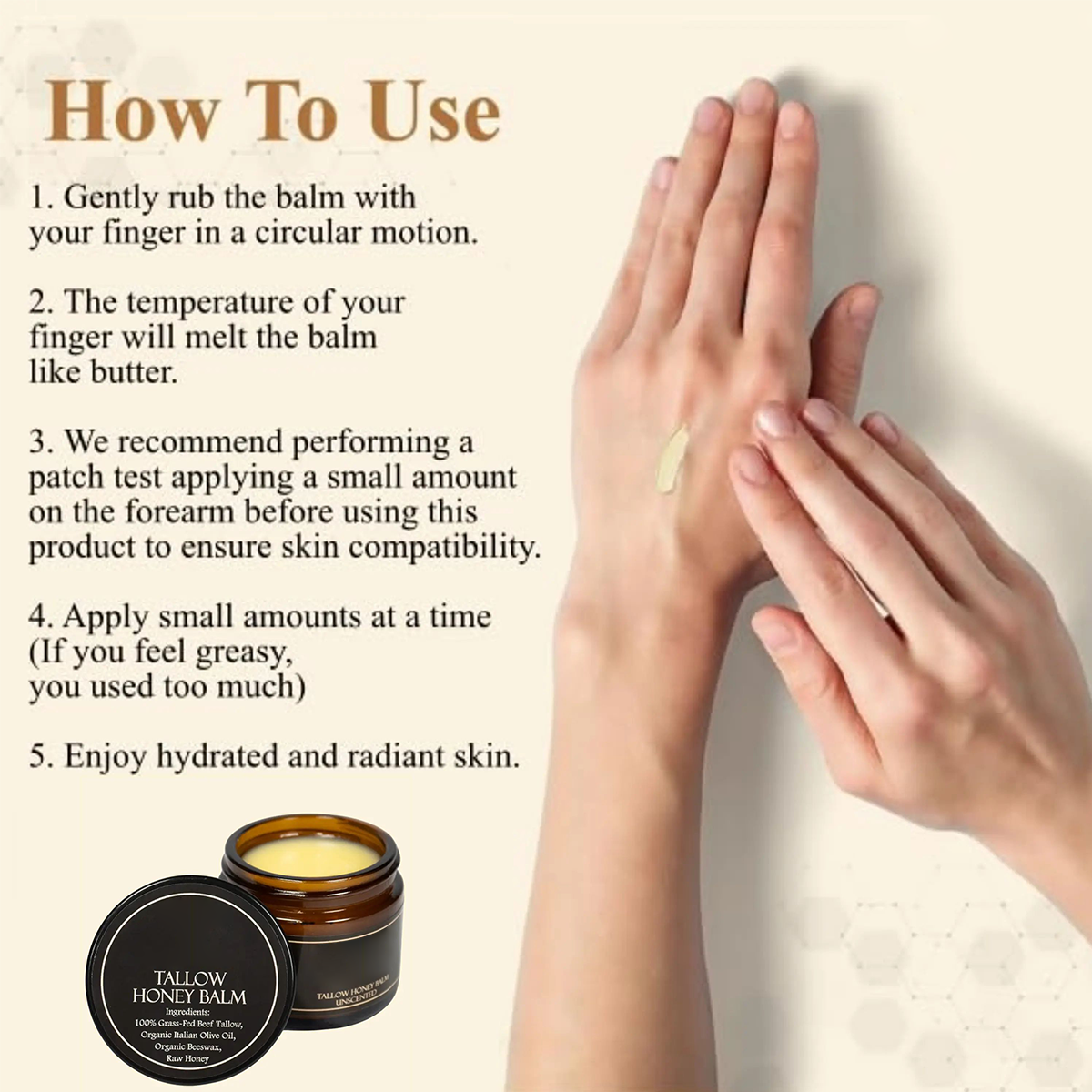 Grass-Fed Beef Tallow Balm with Raw Honey, Natural Skin Moisturizer