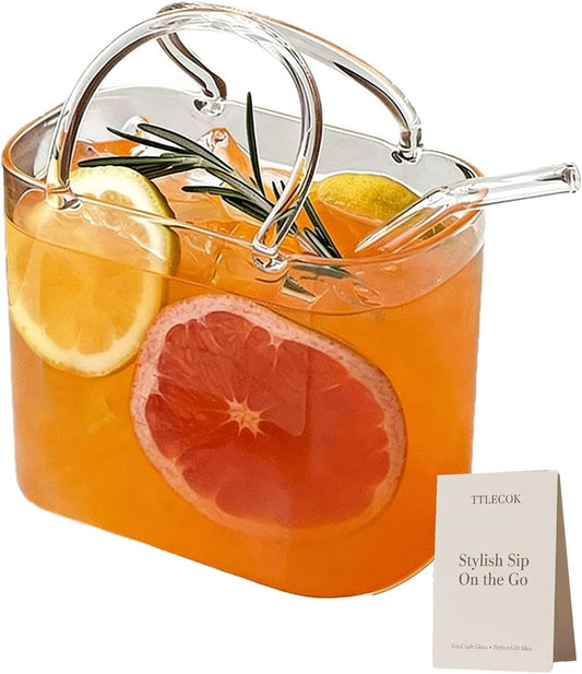 Purse Drinking Glass, Glass Purse for Drinks, Unique Wine Glasses with Straw, Decorative Fish Bowl Vase with Straw