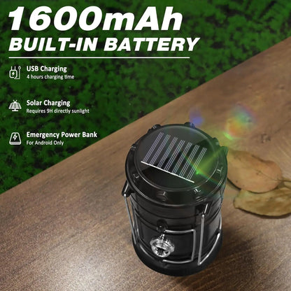 Solar Camping Lantern - Rechargeable LED Lights, Magnetic Base & Foldable Hanging Hook